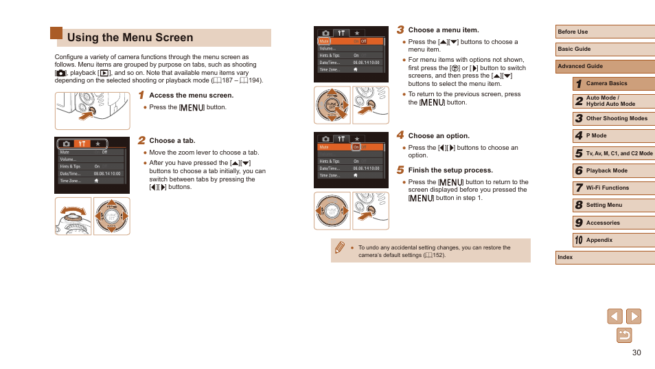 Using the menu screen | Canon PowerShot SX60 HS User Manual | Page 30 / 203