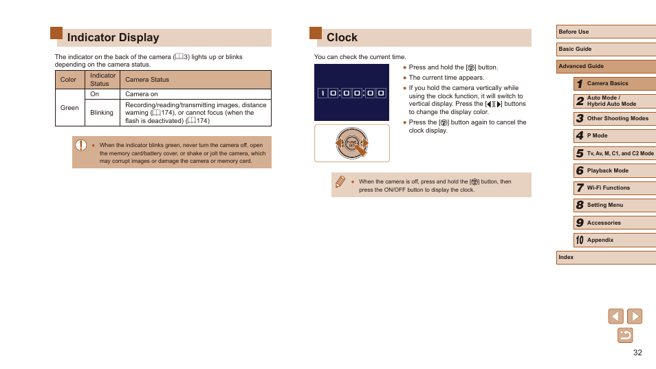 Indicator display clock, Clock, Indicator display | Canon PowerShot SX60 HS User Manual | Page 32 / 203