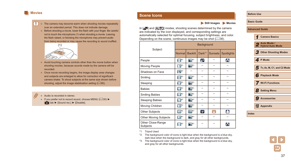 Movies, Scene icons, Babies (sleeping) icons (= 37) are displayed | Canon PowerShot SX60 HS User Manual | Page 37 / 203