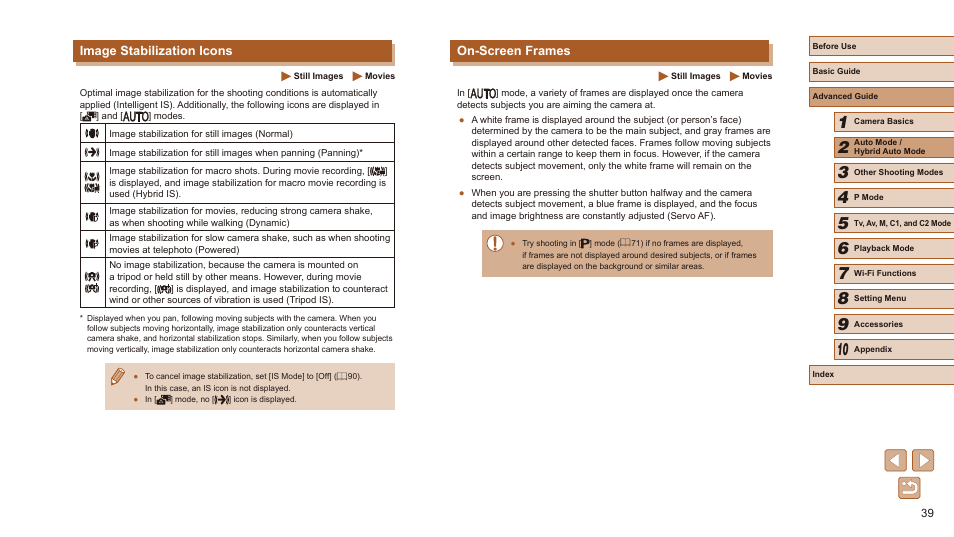 Image stabilization icons on-screen frames, On-screen frames, Image stabilization icons | Canon PowerShot SX60 HS User Manual | Page 39 / 203