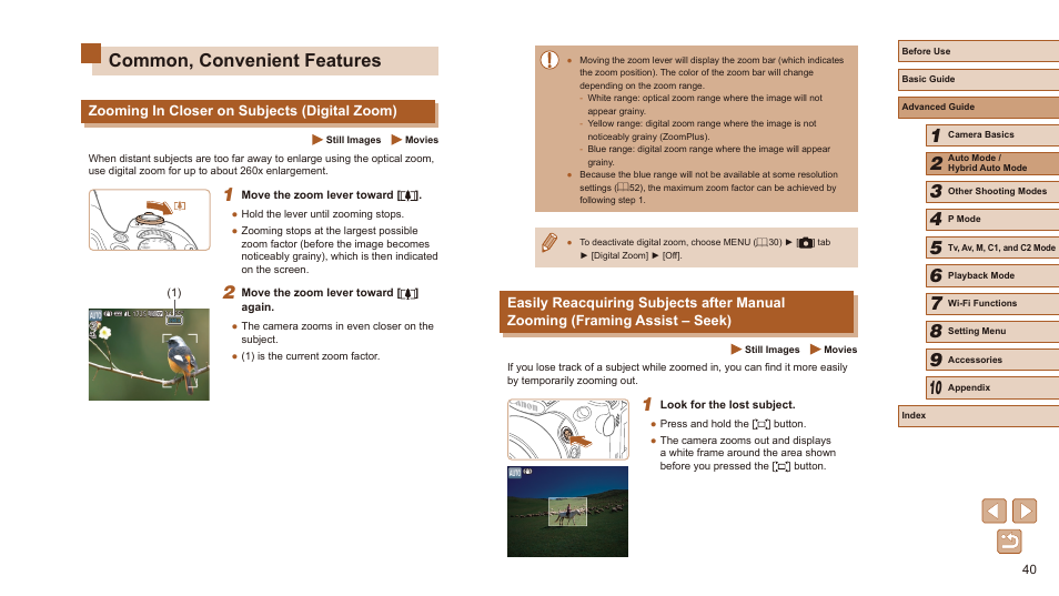 Common, convenient features, Zooming in closer on subjects (digital zoom) | Canon PowerShot SX60 HS User Manual | Page 40 / 203