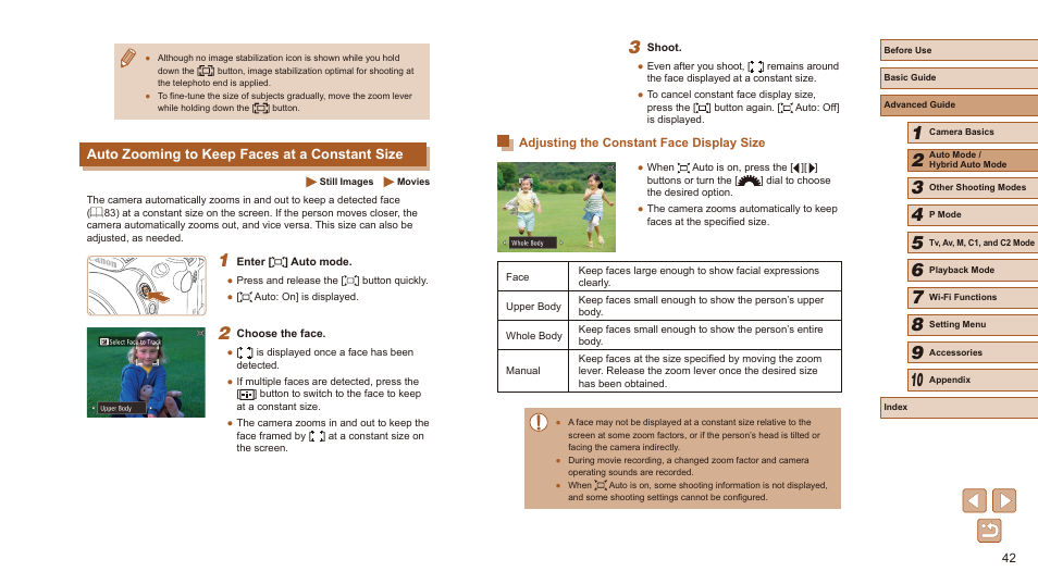 Auto zooming to keep faces at a constant size, Adjusting the constant face display size | Canon PowerShot SX60 HS User Manual | Page 42 / 203