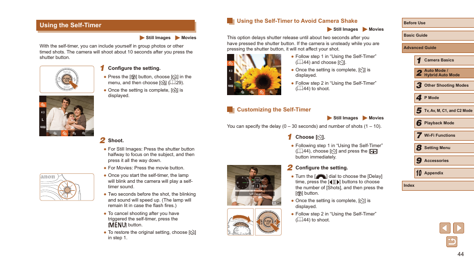 Using the self-timer | Canon PowerShot SX60 HS User Manual | Page 44 / 203