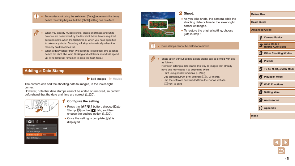 Adding a date stamp | Canon PowerShot SX60 HS User Manual | Page 45 / 203