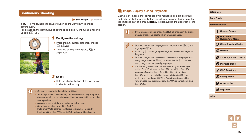 Continuous shooting, Image display during playback, 46) and when | Canon PowerShot SX60 HS User Manual | Page 46 / 203