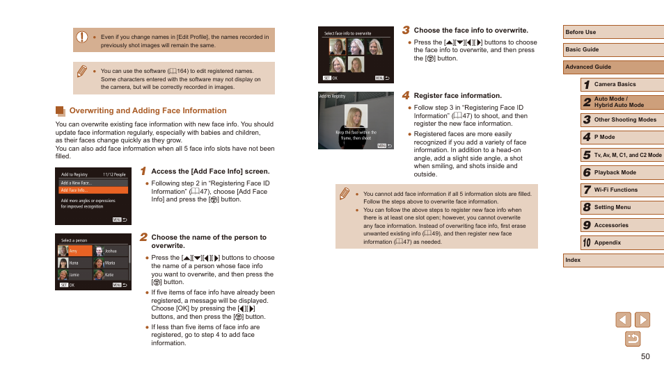 Overwriting and adding face information | Canon PowerShot SX60 HS User Manual | Page 50 / 203