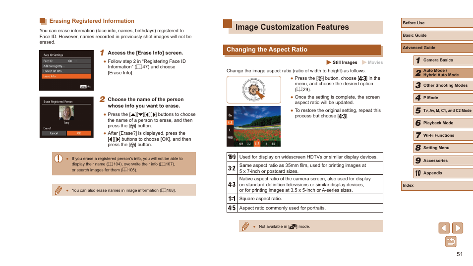 Erasing registered information, Image customization features, Changing the aspect ratio | Canon PowerShot SX60 HS User Manual | Page 51 / 203
