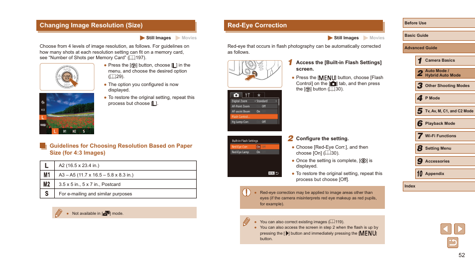 Changing image resolution (size), Red-eye correction | Canon PowerShot SX60 HS User Manual | Page 52 / 203