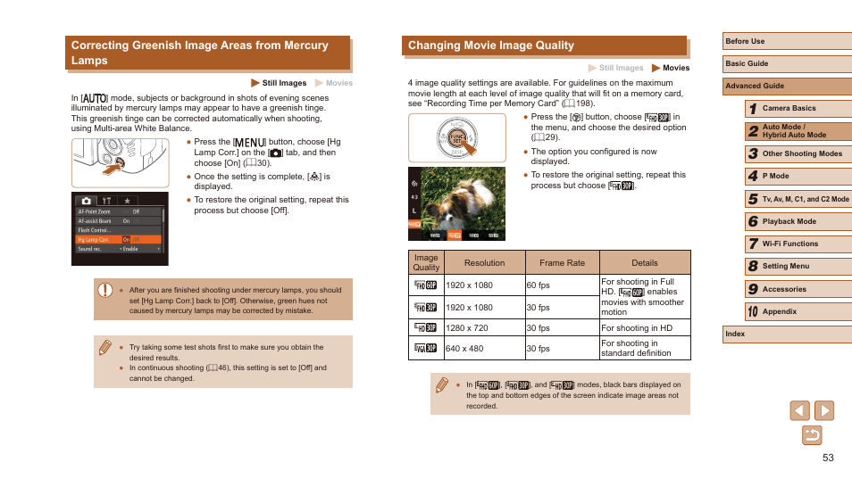 53) is set to [of, Changing movie image quality, Correcting greenish image areas from mercury lamps | Canon PowerShot SX60 HS User Manual | Page 53 / 203