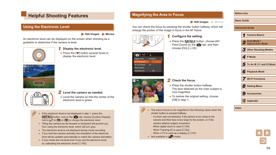 Helpful shooting features, Magnifying the area in focus, Using the electronic level | Canon PowerShot SX60 HS User Manual | Page 54 / 203