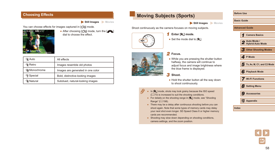 Choosing effects, Moving subjects (sports) | Canon PowerShot SX60 HS User Manual | Page 58 / 203