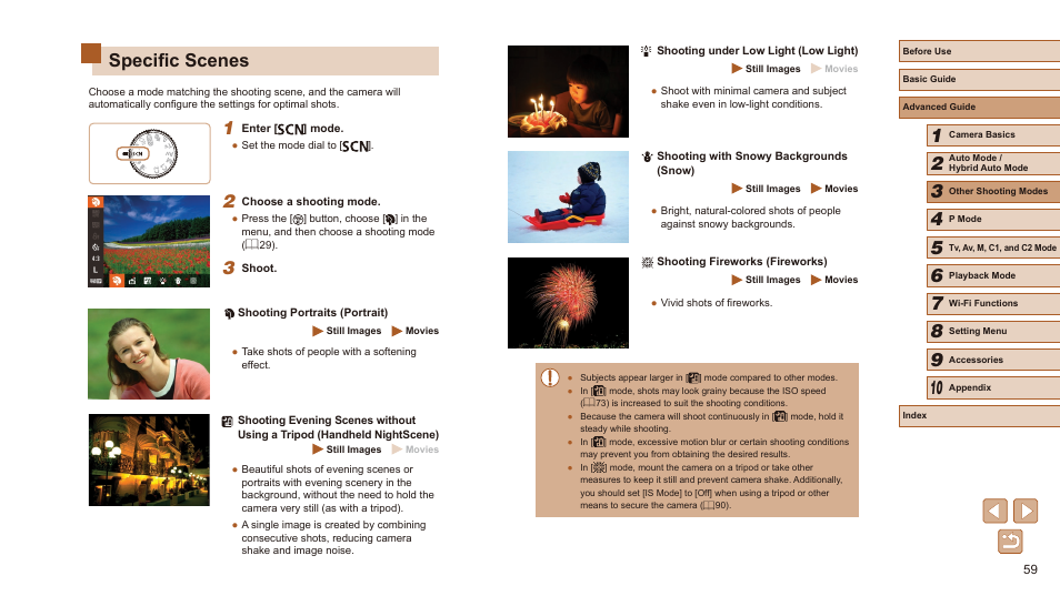 Specific scenes, Specific scenes (= 59) | Canon PowerShot SX60 HS User Manual | Page 59 / 203