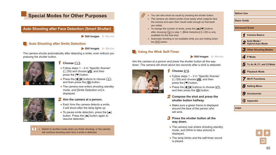 Special modes for other purposes, Auto shooting after face detection (smart shutter), Mode (= 65 | Canon PowerShot SX60 HS User Manual | Page 65 / 203