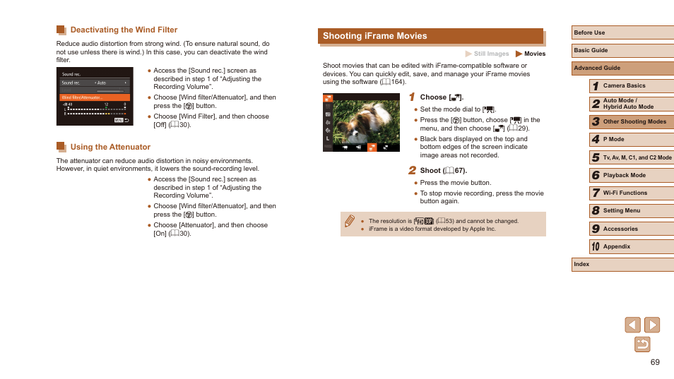 Deactivating the wind filter using the attenuator, Shooting iframe movies | Canon PowerShot SX60 HS User Manual | Page 69 / 203