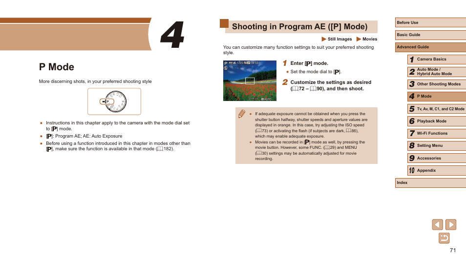 4 p mode, Shooting in program ae ([p] mode), Your preferred settings (= 71 | 71) if the scene icon does not, P mode | Canon PowerShot SX60 HS User Manual | Page 71 / 203