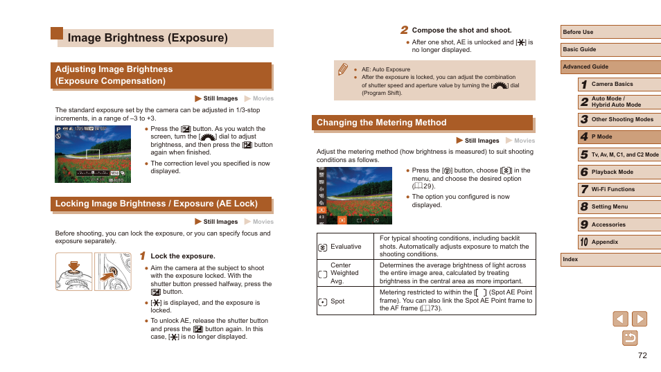 Image brightness (exposure), Changing the metering method, Adjusting image brightness (exposure compensation) | Locking image brightness / exposure (ae lock) | Canon PowerShot SX60 HS User Manual | Page 72 / 203