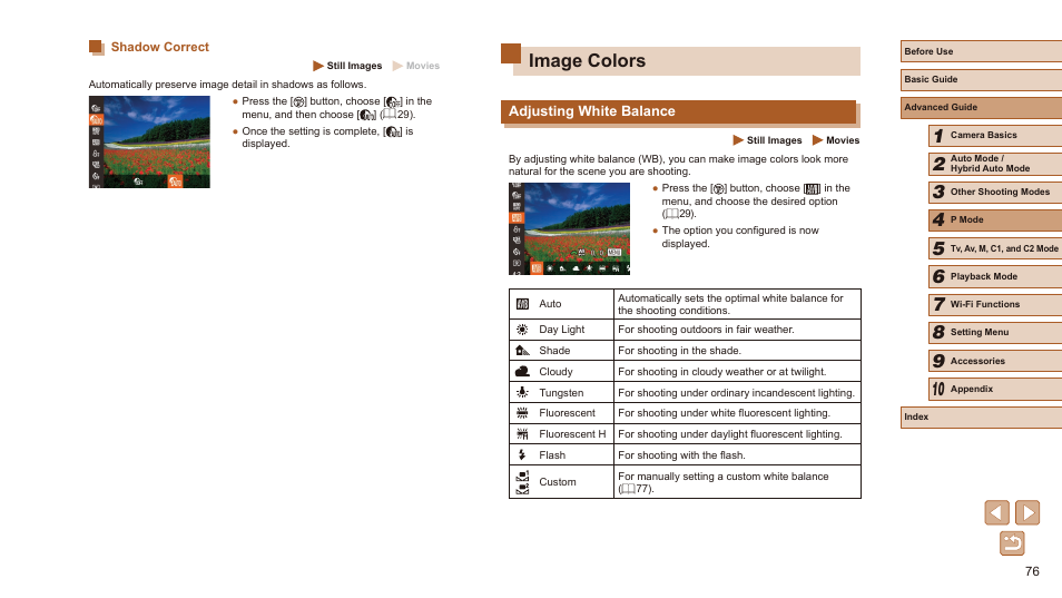 Shadow correct, Image colors, Adjusting white balance | Canon PowerShot SX60 HS User Manual | Page 76 / 203