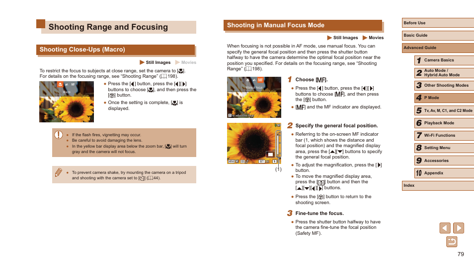 Shooting range and focusing, Shooting in manual focus mode, Shooting close-ups (macro) | Canon PowerShot SX60 HS User Manual | Page 79 / 203