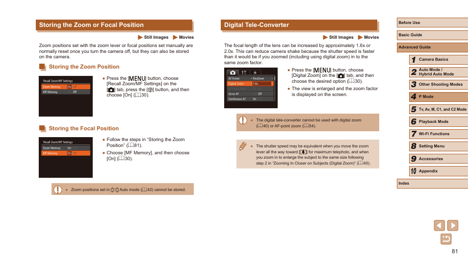 Digital tele-converter, Storing the zoom or focal position, Digital tele-converter (= 81), or when using a | Canon PowerShot SX60 HS User Manual | Page 81 / 203