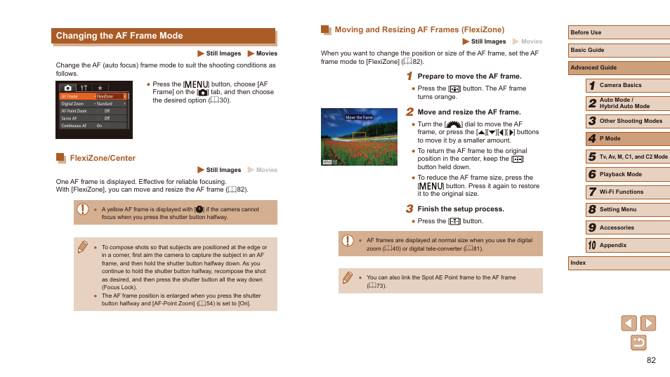 Changing the af frame mode, Af frame mode (= 82) is, Af frame size (= 82) is [normal], and these | Canon PowerShot SX60 HS User Manual | Page 82 / 203