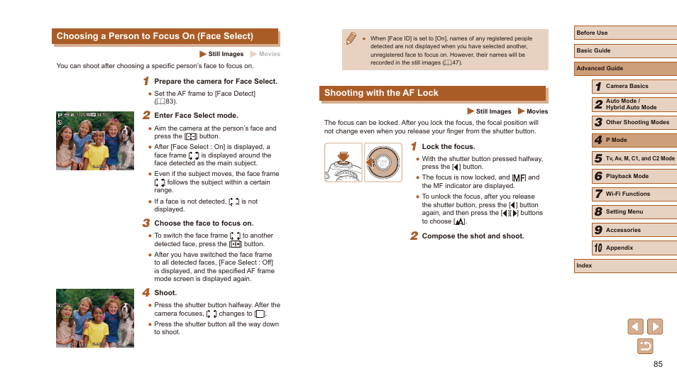 Shooting with the af lock, Choosing a person to focus on (face select) | Canon PowerShot SX60 HS User Manual | Page 85 / 203