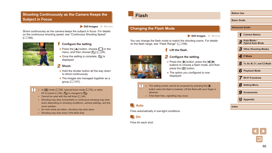 Flash, Changing the flash mode, Auto on | 86) will, Mode (= 86), 86) is not available in this mode | Canon PowerShot SX60 HS User Manual | Page 86 / 203