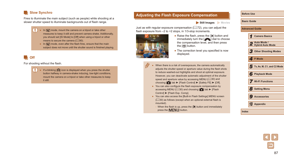 Slow synchro off, Adjusting the flash exposure compensation | Canon PowerShot SX60 HS User Manual | Page 87 / 203