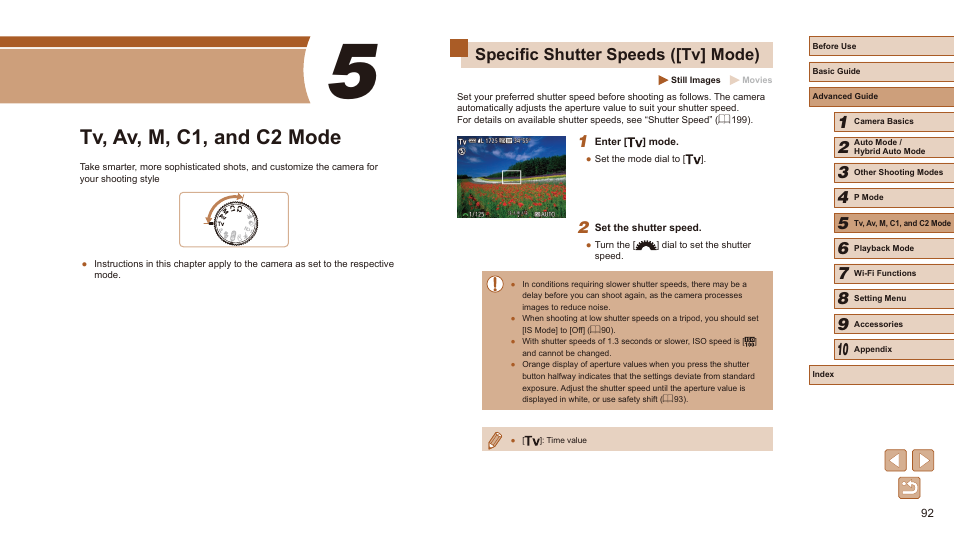 5 tv, av, m, c1, and c2 mode, Specific shutter speeds ([tv] mode), Tv, av, m, c1, and c2 mode | Canon PowerShot SX60 HS User Manual | Page 92 / 203