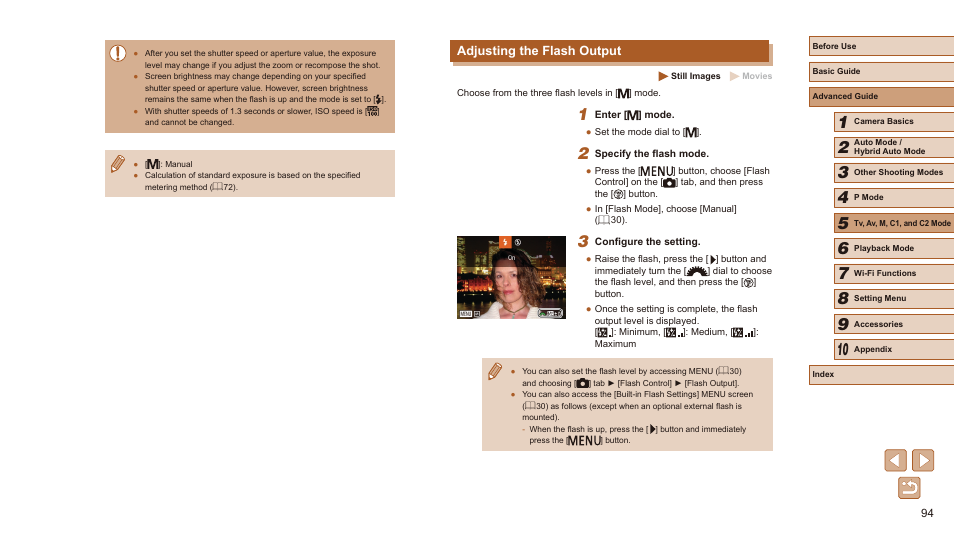 Adjusting the flash output | Canon PowerShot SX60 HS User Manual | Page 94 / 203