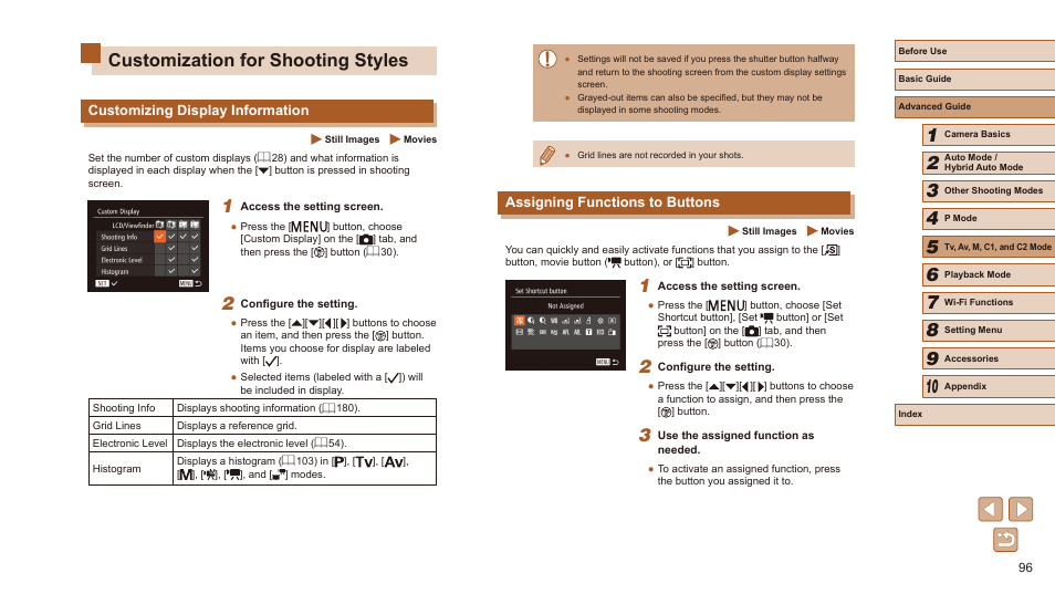Customization for shooting styles, Assigning functions to buttons, Customizing display information | Canon PowerShot SX60 HS User Manual | Page 96 / 203