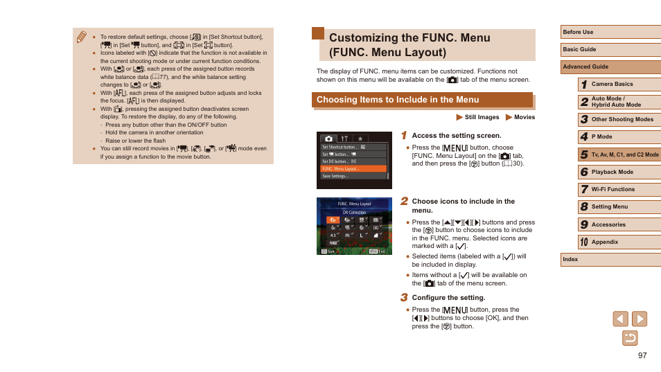 Customizing the func. menu (func. menu layout), Choosing items to include in the menu | Canon PowerShot SX60 HS User Manual | Page 97 / 203