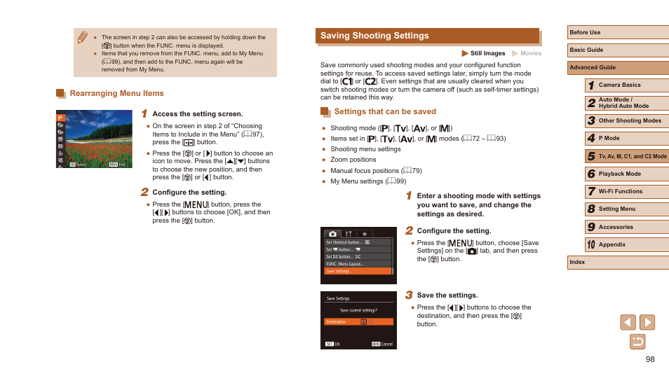 Rearranging menu items, Saving shooting settings, Settings that can be saved | Canon PowerShot SX60 HS User Manual | Page 98 / 203