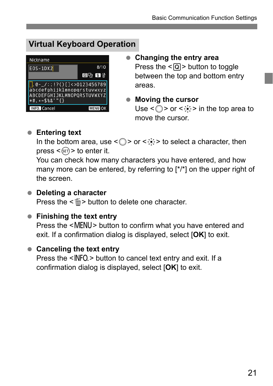 Virtual keyboard operation | Canon EOS 1D X Mark II User Manual | Page 21 / 152