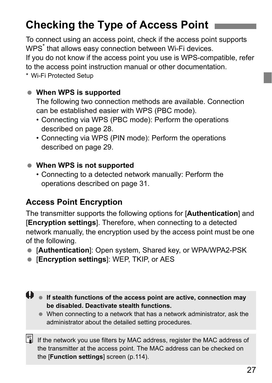 Checking the type of access point, Access point encryption | Canon EOS 1D X Mark II User Manual | Page 27 / 152