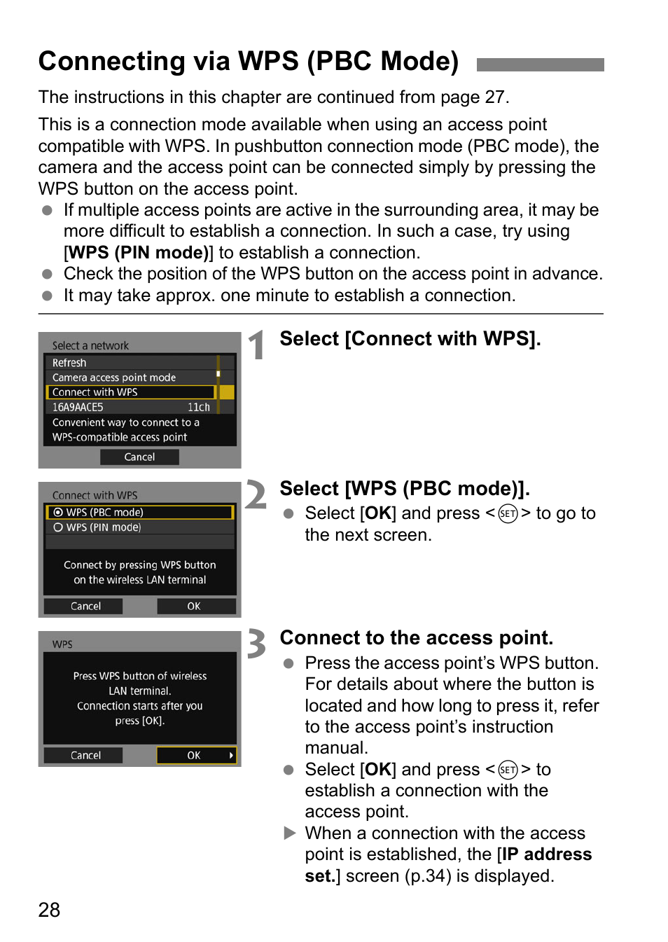 Connecting via wps (pbc mode), Age 28 | Canon EOS 1D X Mark II User Manual | Page 28 / 152