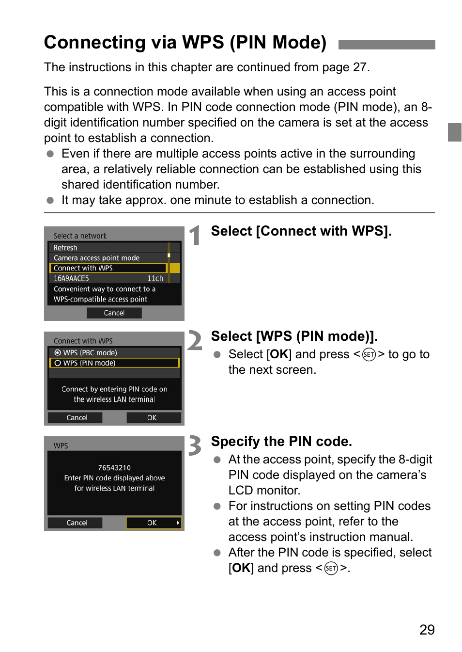 Connecting via wps (pin mode), Age 29 | Canon EOS 1D X Mark II User Manual | Page 29 / 152