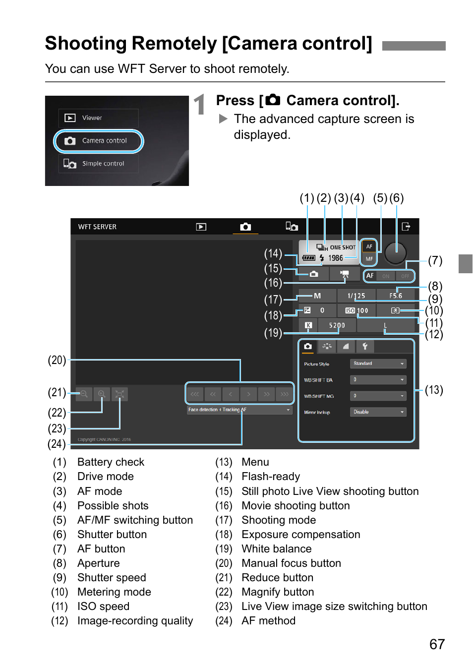 Shooting remotely [camera control, Press [ z camera control | Canon EOS 1D X Mark II User Manual | Page 67 / 152