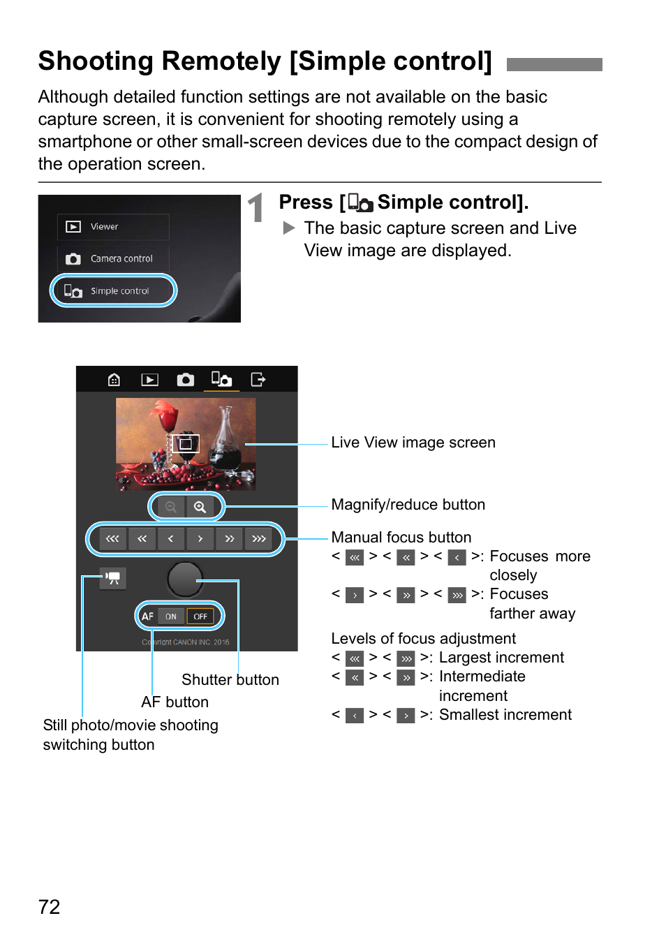 Shooting remotely [simple control, Press [ simple control | Canon EOS 1D X Mark II User Manual | Page 72 / 152