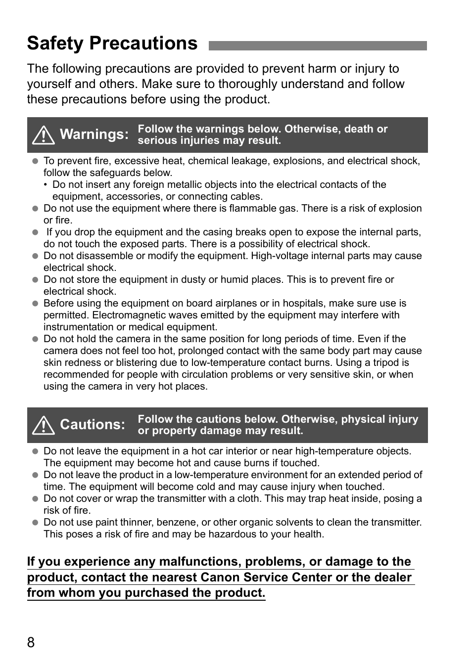 Safety precautions, Warnings, Cautions | Canon EOS 1D X Mark II User Manual | Page 8 / 152