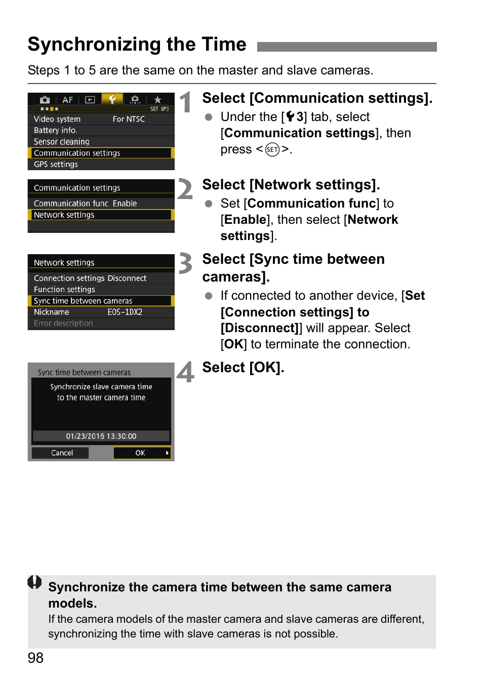 Synchronizing the time | Canon EOS 1D X Mark II User Manual | Page 98 / 152
