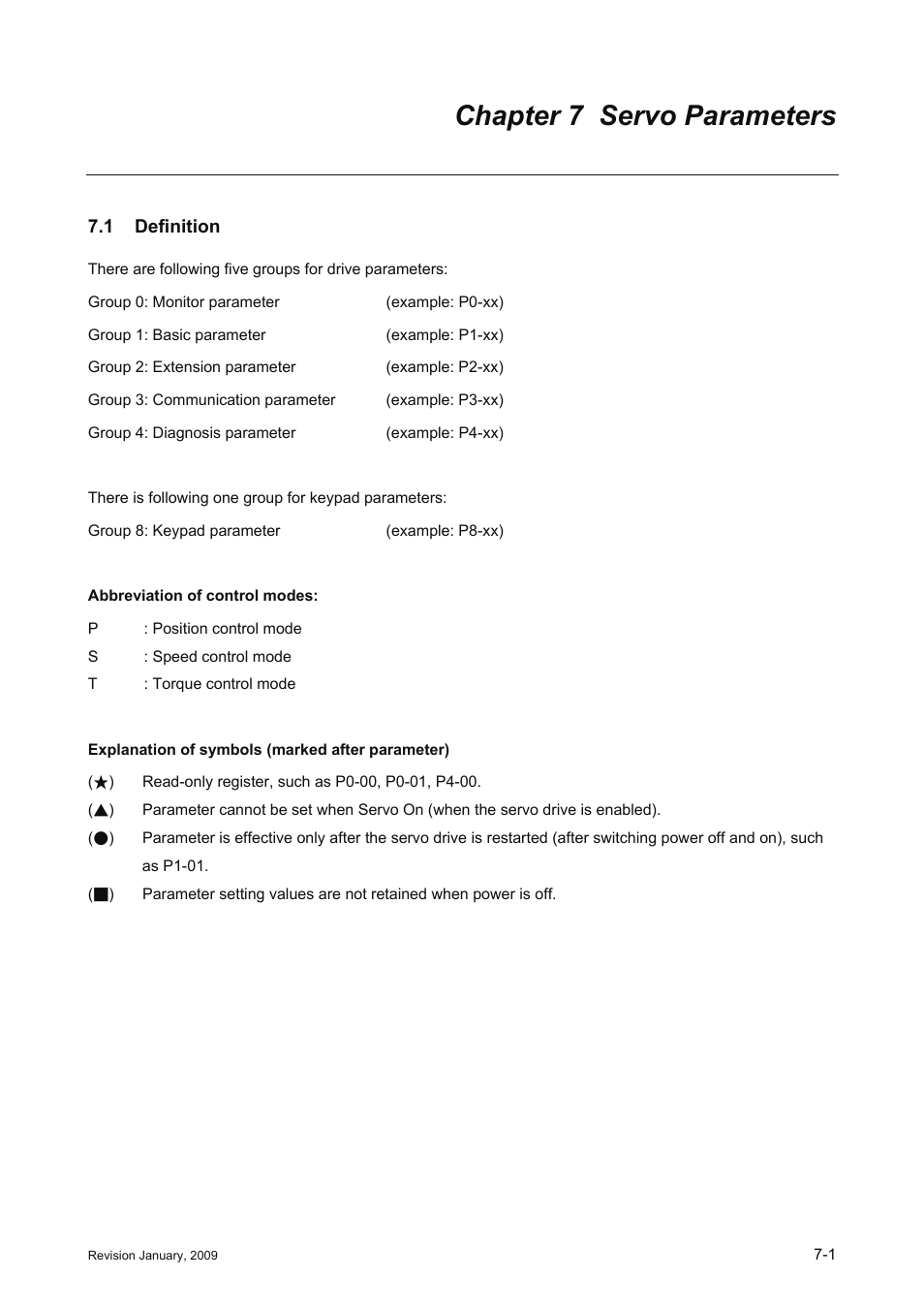 Chapter 7 servo parameters, 1 definition, Chapter 7 servo parameters -1 | 1 definition -1 | Delta Electronics ASDA-B Series User Manual | Page 154 / 321