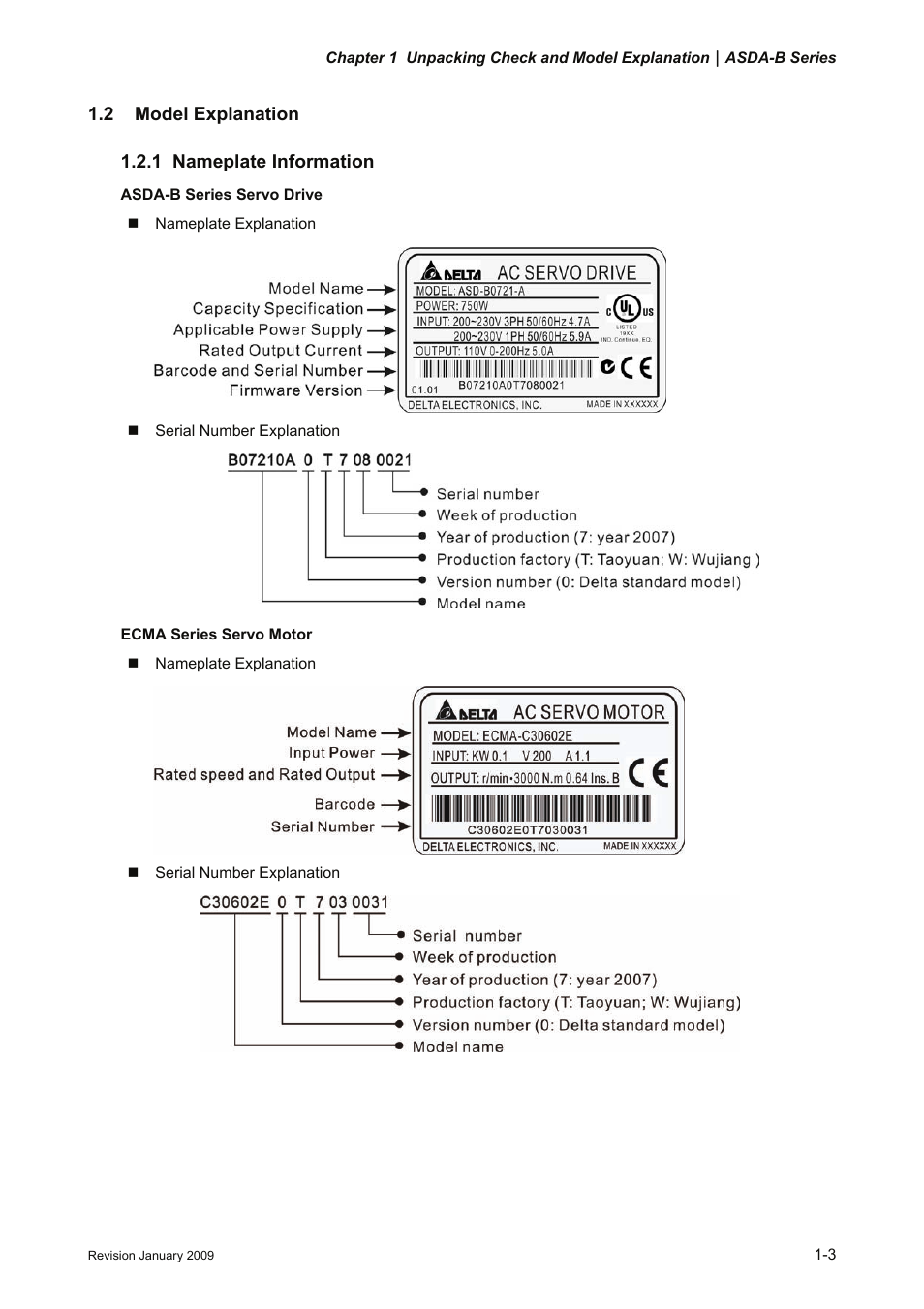 2 model explanation, 1 nameplate information, 2 model | Explanation -3, 1 nameplate, Information -3 | Delta Electronics ASDA-B Series User Manual | Page 16 / 321