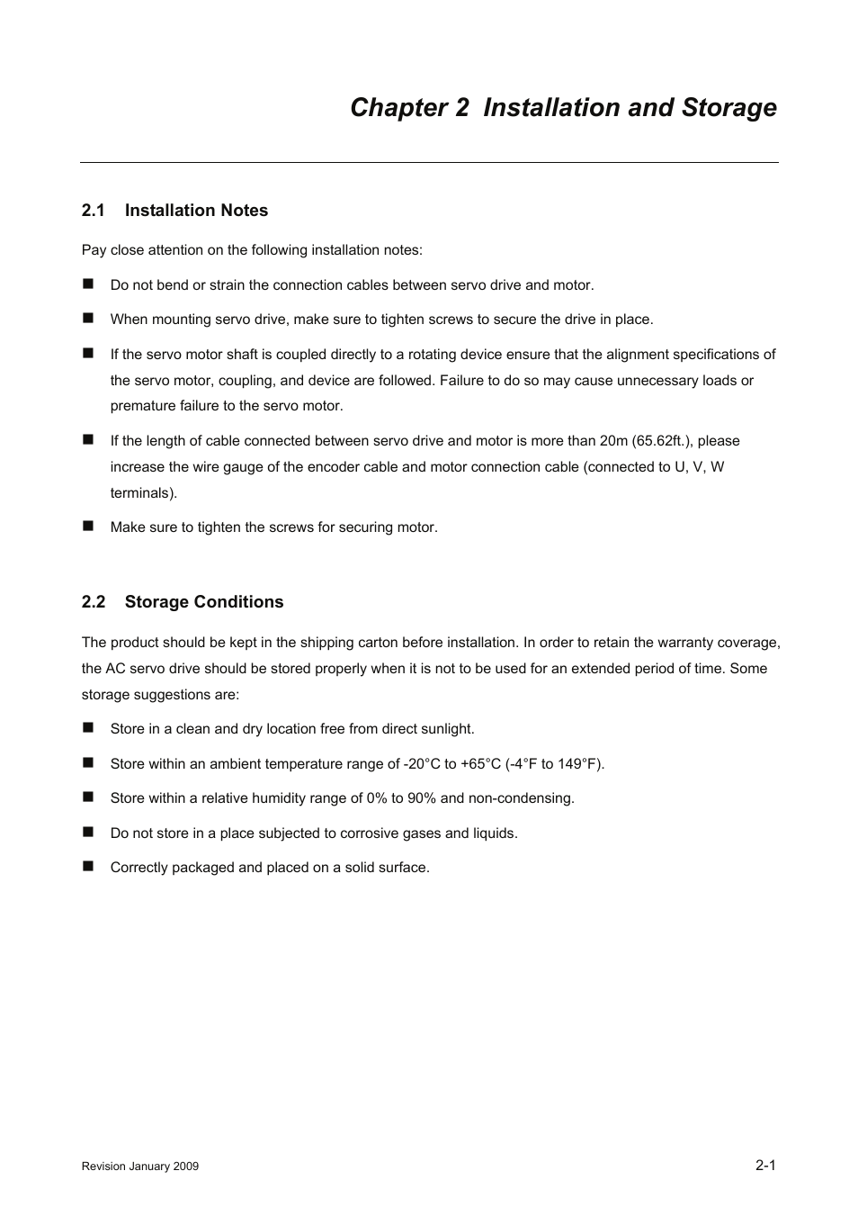 Chapter 2 installation and storage, 1 installation notes, 2 storage conditions | Chapter 2 installation and storage -1, 1 installation notes -1, 2 storage, Conditions -1 | Delta Electronics ASDA-B Series User Manual | Page 22 / 321