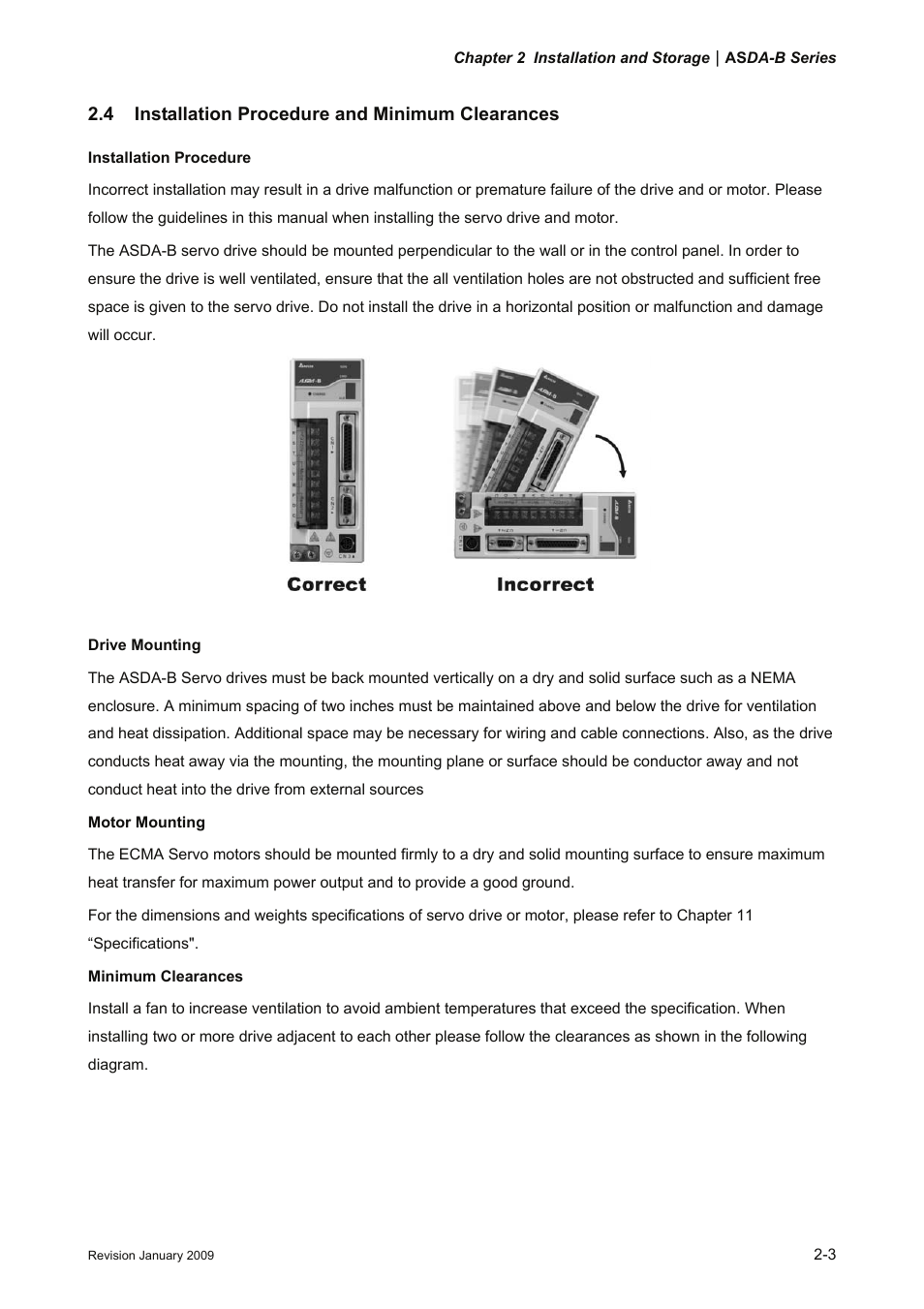 4 installation procedure and minimum clearances, 4 installation, Procedure | And minimum clearances -3 | Delta Electronics ASDA-B Series User Manual | Page 24 / 321
