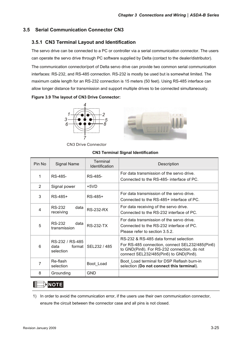 5 serial communication connector cn3, 1 cn3 terminal layout and identification, 5 serial | Communication connector cn3 -25, Cn3 terminal layout and identification -25 | Delta Electronics ASDA-B Series User Manual | Page 50 / 321