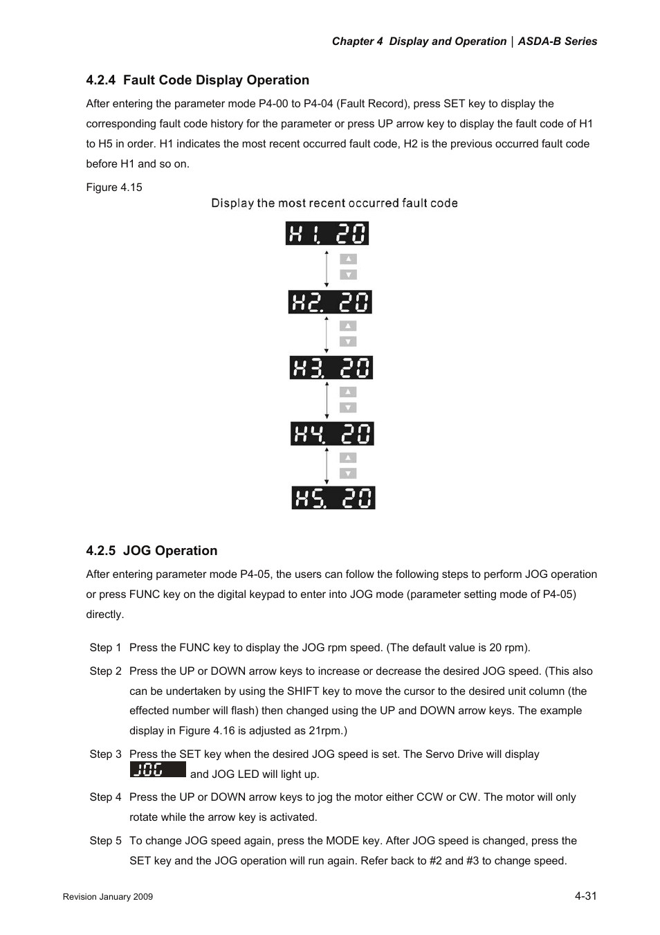 4 fault code display operation, 5 jog operation, Fault code display operation -31 | 5 jog, Operation -31 | Delta Electronics ASDA-B Series User Manual | Page 86 / 321