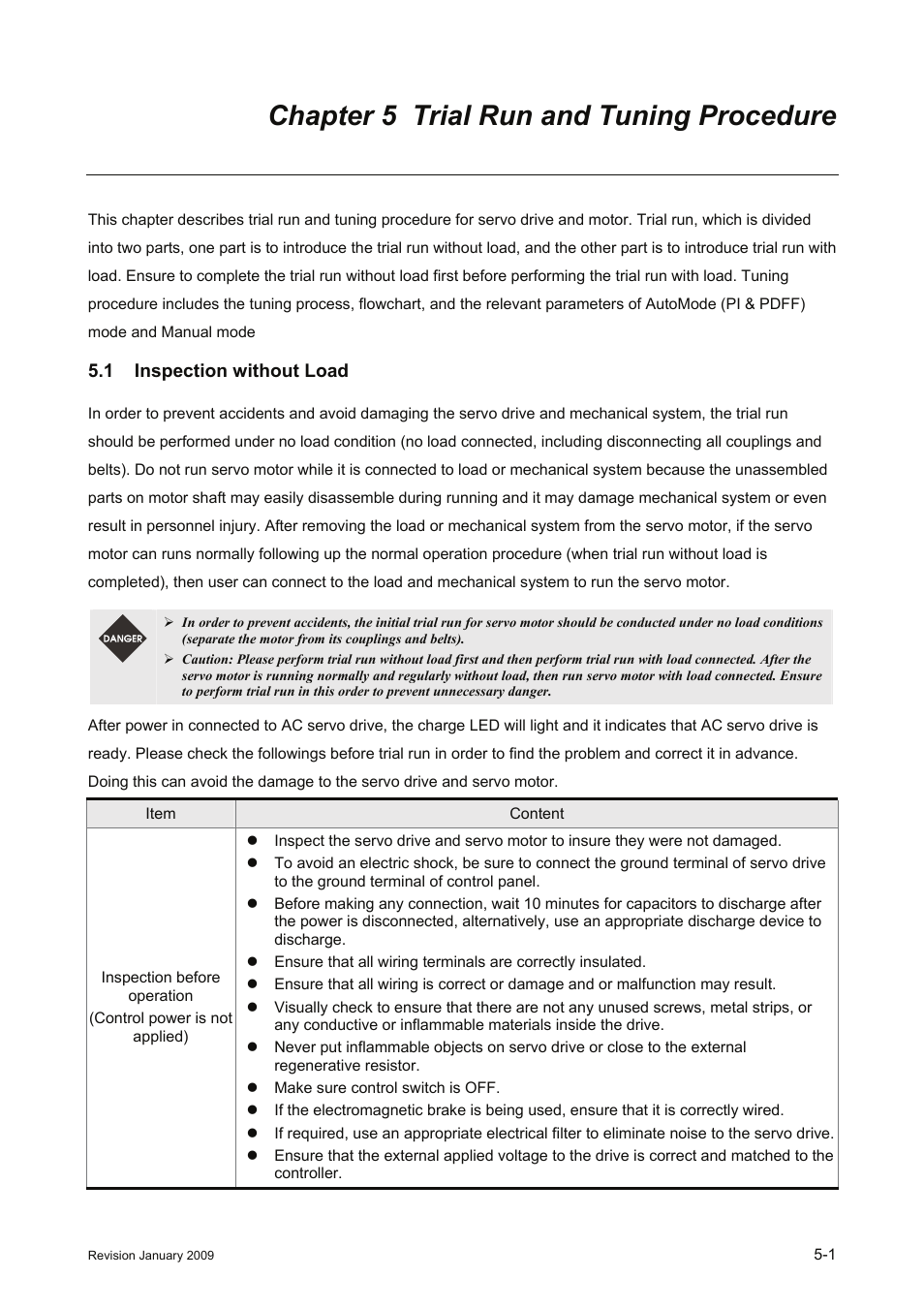 Chapter 5 trial run and tuning procedure, 1 inspection without load, Chapter 5 trial run and tuning procedure -1 | 1 inspection, Without load -1 | Delta Electronics ASDA-B Series User Manual | Page 94 / 321