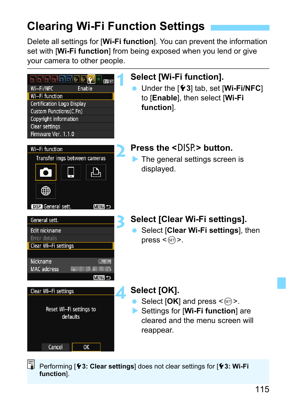 Clearing wi-fi function settings | Canon EOS 1300D User Manual | Page 115 / 144