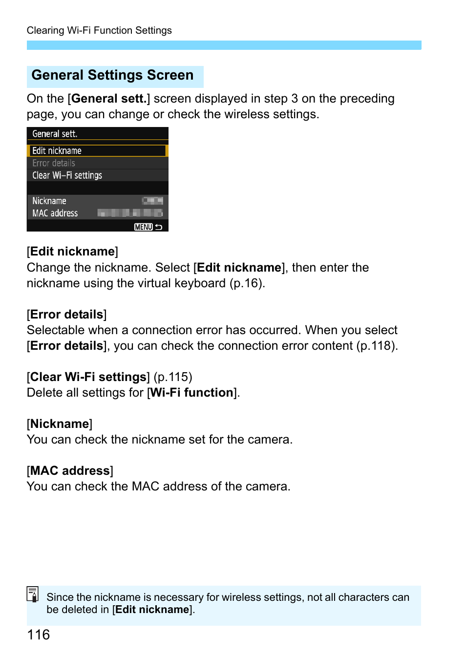 Een (p.116), General settings screen | Canon EOS 1300D User Manual | Page 116 / 144