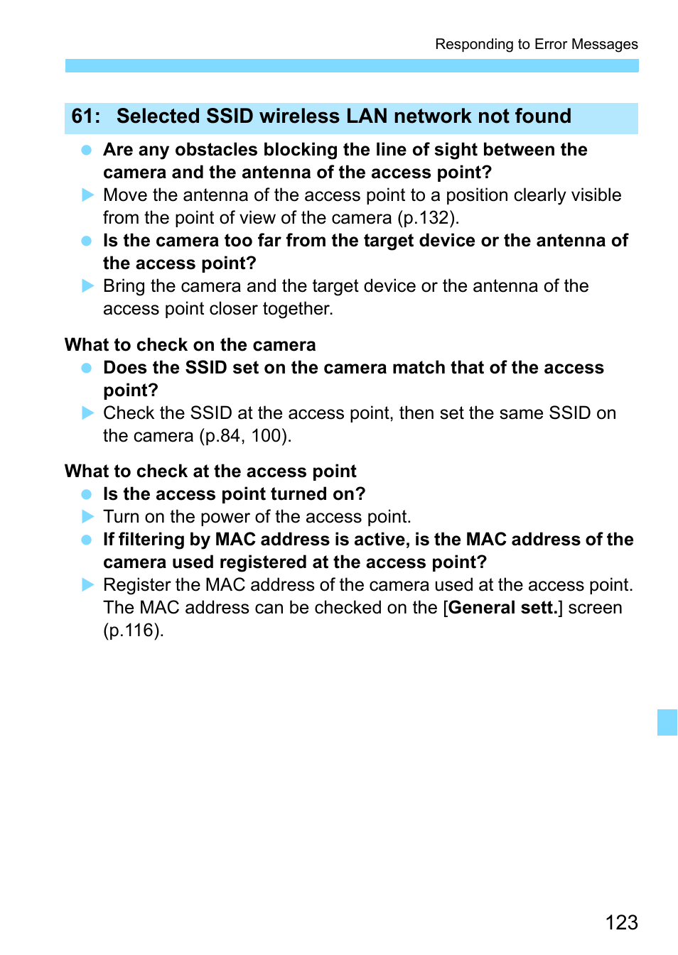 Selected ssid wireless lan network not found | Canon EOS 1300D User Manual | Page 123 / 144